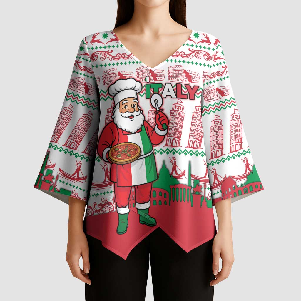Italy Christmas Kimono Sleeve Blouse with Pizza Chef Santa Leaning Tower Colosseum and Red Green Holiday Pattern Design - Wonder Print Shop