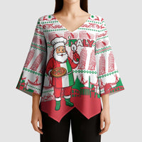 Italy Christmas Kimono Sleeve Blouse with Pizza Chef Santa Leaning Tower Colosseum and Red Green Holiday Pattern Design - Wonder Print Shop