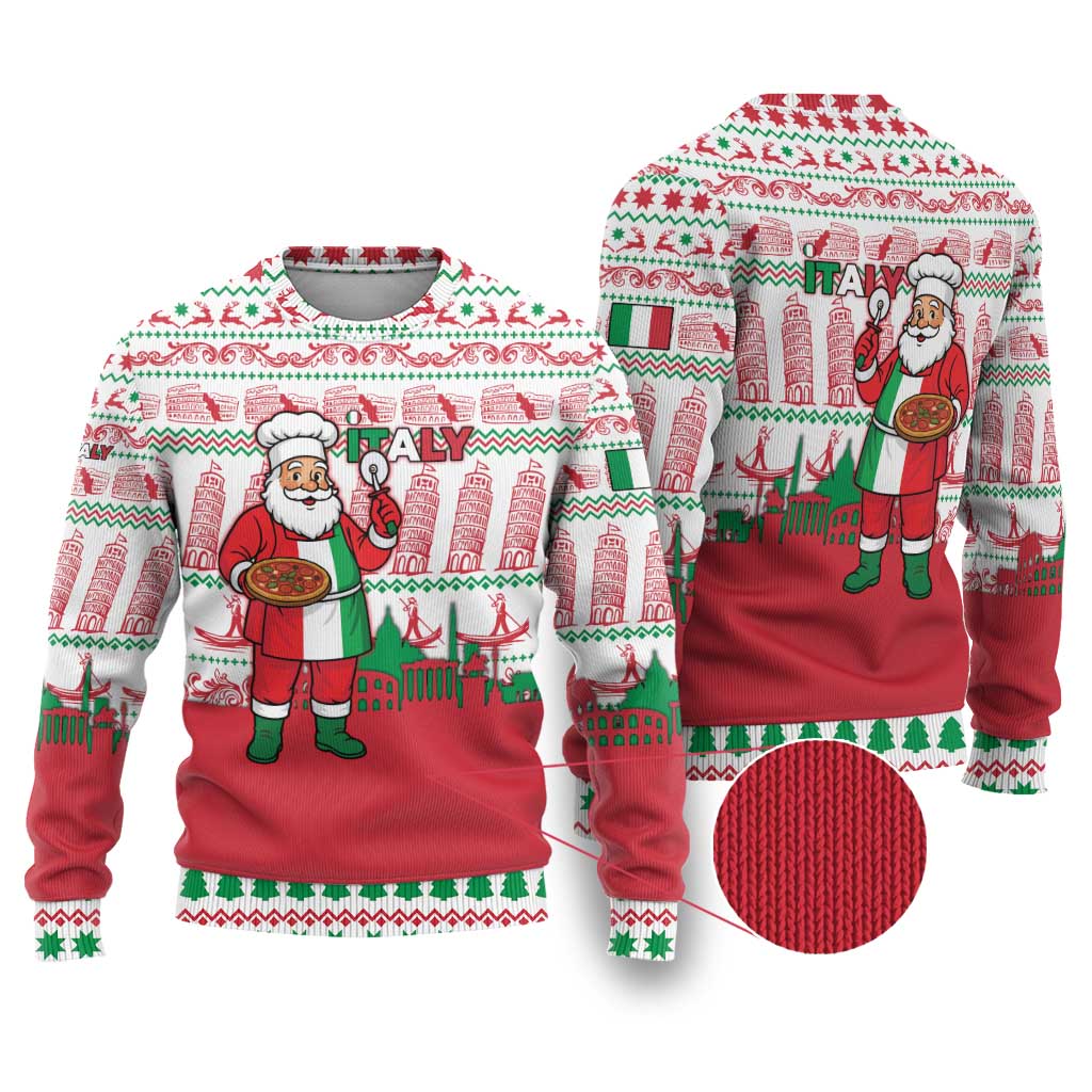 Italy Christmas Ugly Christmas Sweater with Pizza Chef Santa Leaning Tower Colosseum and Red Green Holiday Pattern Design - Wonder Print Shop