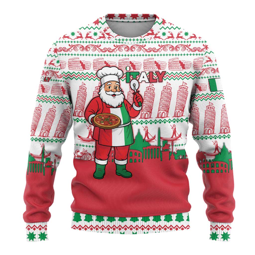 Italy Christmas Ugly Christmas Sweater with Pizza Chef Santa Leaning Tower Colosseum and Red Green Holiday Pattern Design - Wonder Print Shop