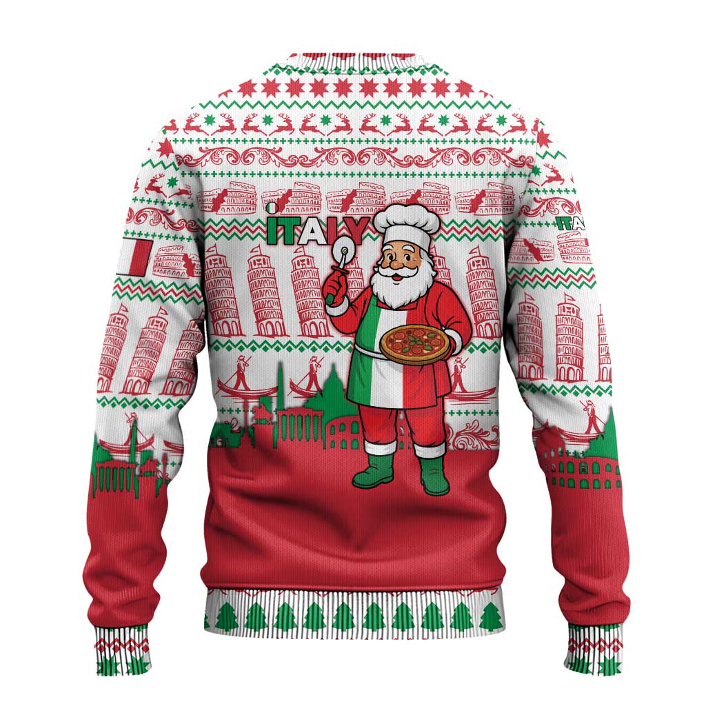 Italy Christmas Ugly Christmas Sweater with Pizza Chef Santa Leaning Tower Colosseum and Red Green Holiday Pattern Design - Wonder Print Shop