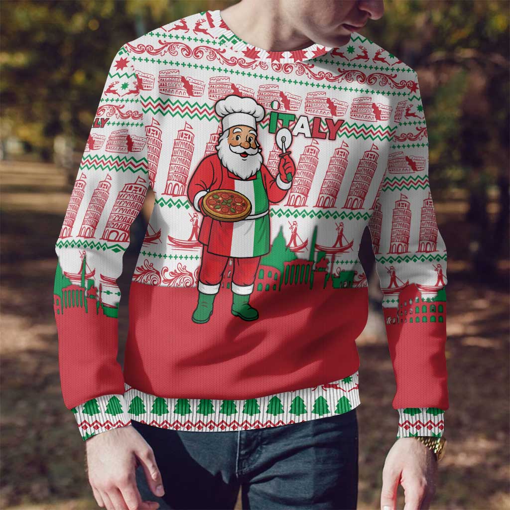 Italy Christmas Ugly Christmas Sweater with Pizza Chef Santa Leaning Tower Colosseum and Red Green Holiday Pattern Design - Wonder Print Shop