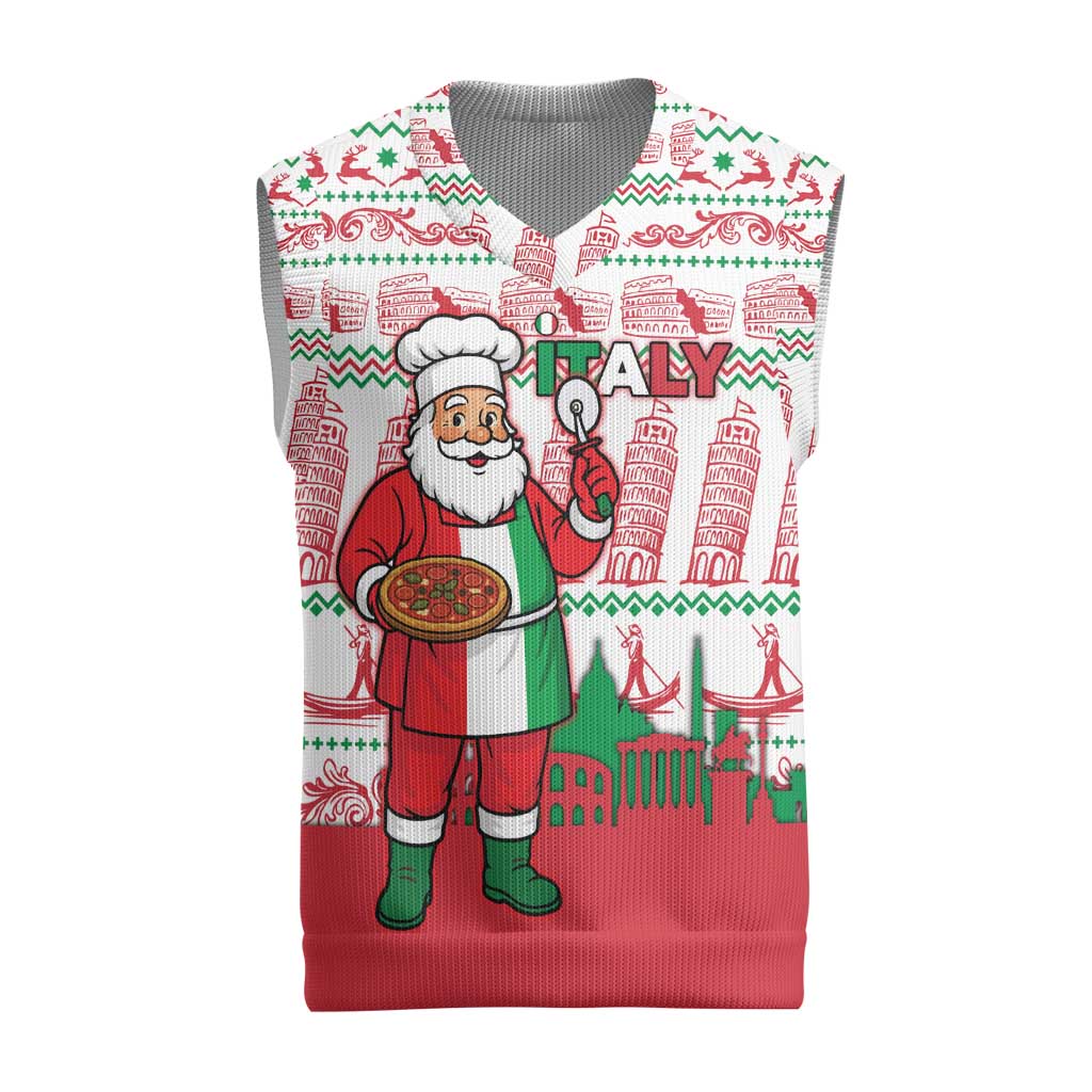 Italy Christmas Knitted V-Neck Vest with Pizza Chef Santa Leaning Tower Colosseum and Red Green Holiday Pattern Design - Wonder Print Shop