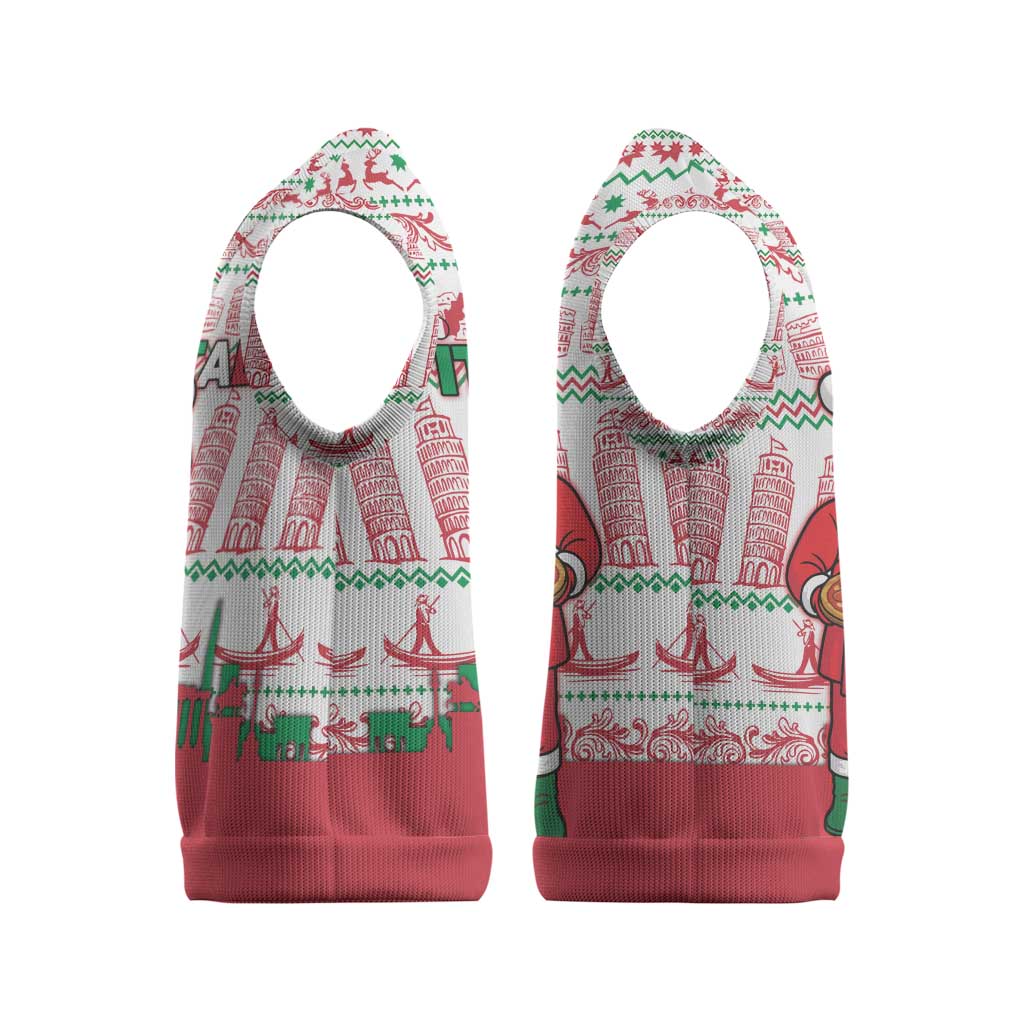 Italy Christmas Knitted V-Neck Vest with Pizza Chef Santa Leaning Tower Colosseum and Red Green Holiday Pattern Design - Wonder Print Shop