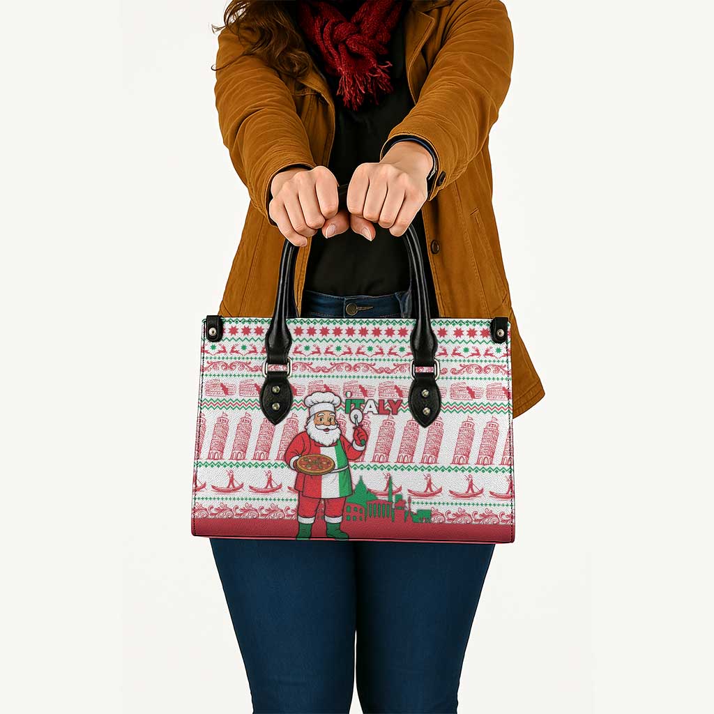 Italy Christmas Leather Bag with Pizza Chef Santa Leaning Tower Colosseum and Red Green Holiday Pattern Design - Wonder Print Shop