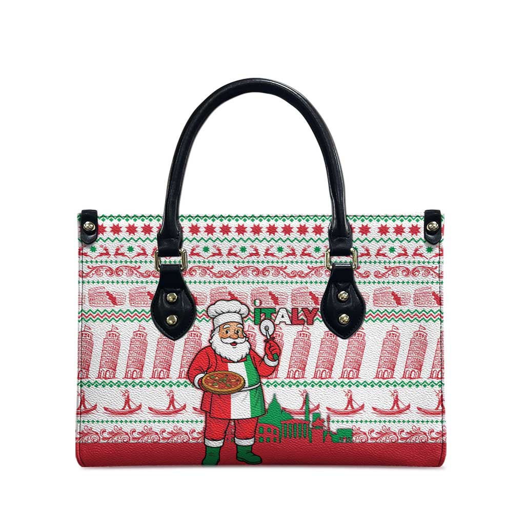 Italy Christmas Leather Bag with Pizza Chef Santa Leaning Tower Colosseum and Red Green Holiday Pattern Design - Wonder Print Shop