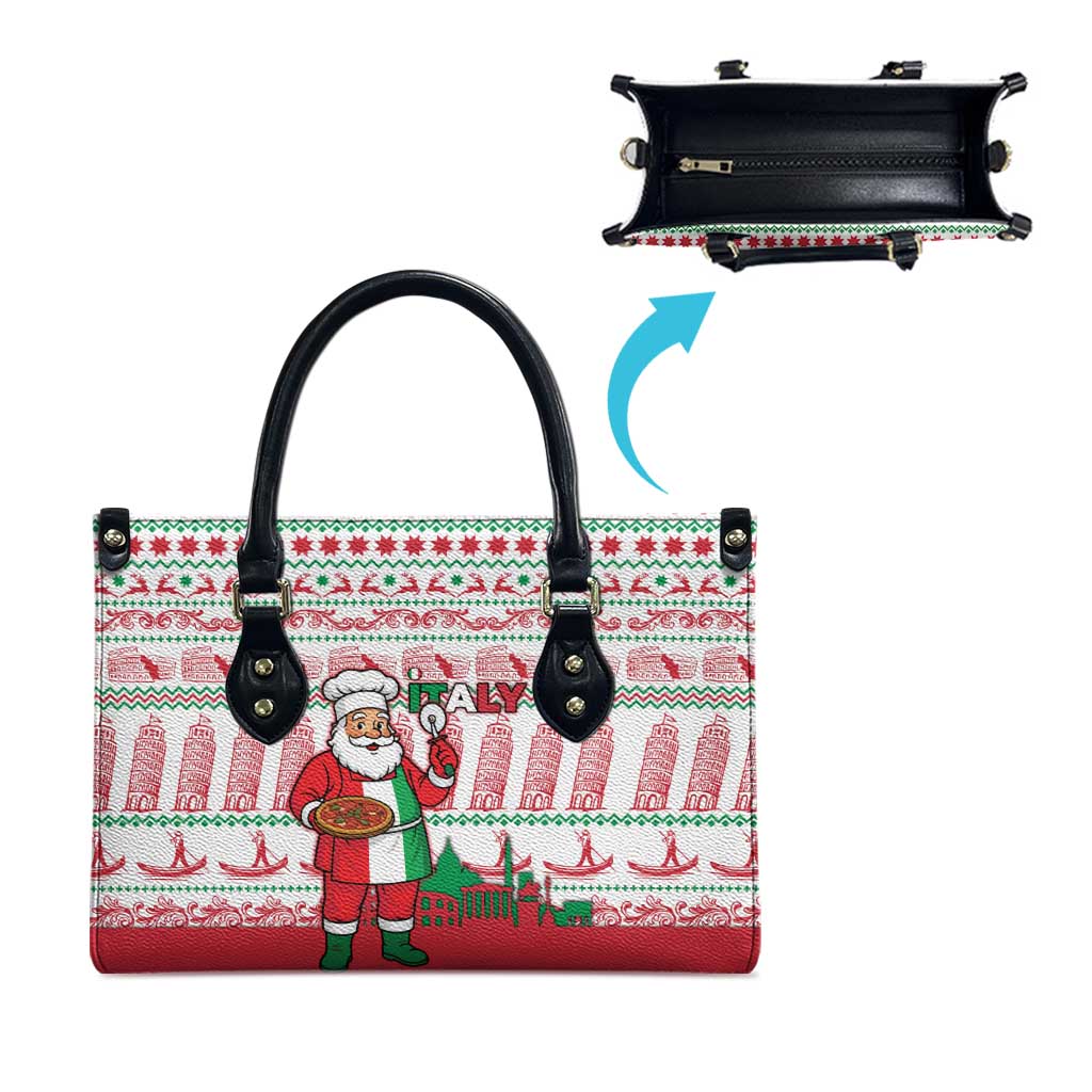Italy Christmas Leather Bag with Pizza Chef Santa Leaning Tower Colosseum and Red Green Holiday Pattern Design - Wonder Print Shop