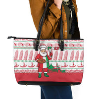 Italy Christmas Leather Tote Bag with Pizza Chef Santa Leaning Tower Colosseum and Red Green Holiday Pattern Design - Wonder Print Shop