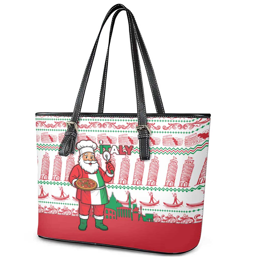 Italy Christmas Leather Tote Bag with Pizza Chef Santa Leaning Tower Colosseum and Red Green Holiday Pattern Design - Wonder Print Shop