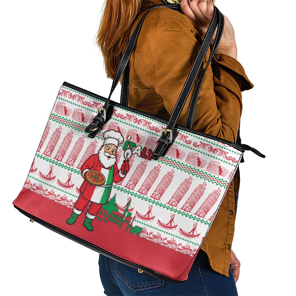 Italy Christmas Leather Tote Bag with Pizza Chef Santa Leaning Tower Colosseum and Red Green Holiday Pattern Design - Wonder Print Shop
