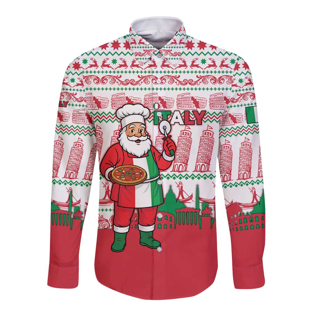 Italy Christmas Long Sleeve Button Shirt with Pizza Chef Santa Leaning Tower Colosseum and Red Green Holiday Pattern Design - Wonder Print Shop