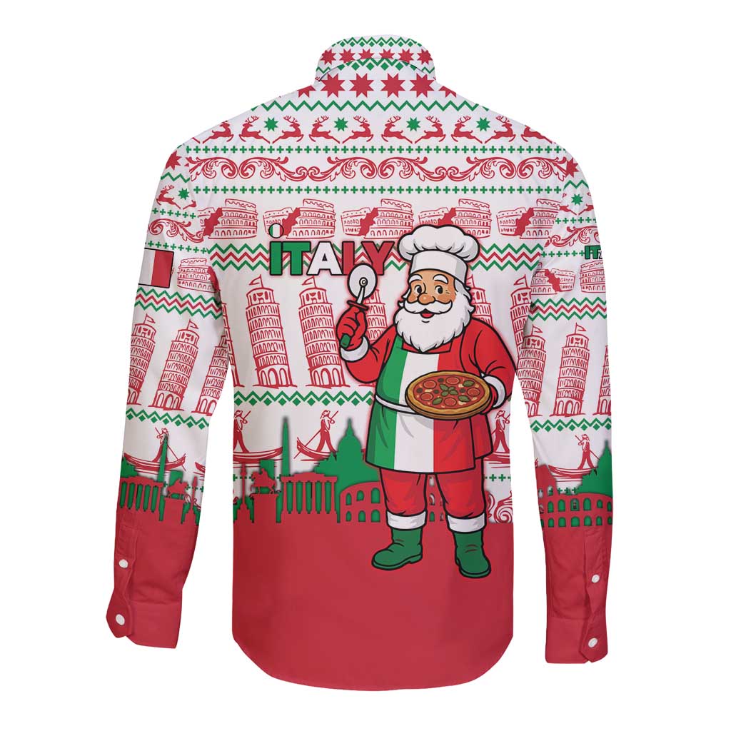 Italy Christmas Long Sleeve Button Shirt with Pizza Chef Santa Leaning Tower Colosseum and Red Green Holiday Pattern Design - Wonder Print Shop