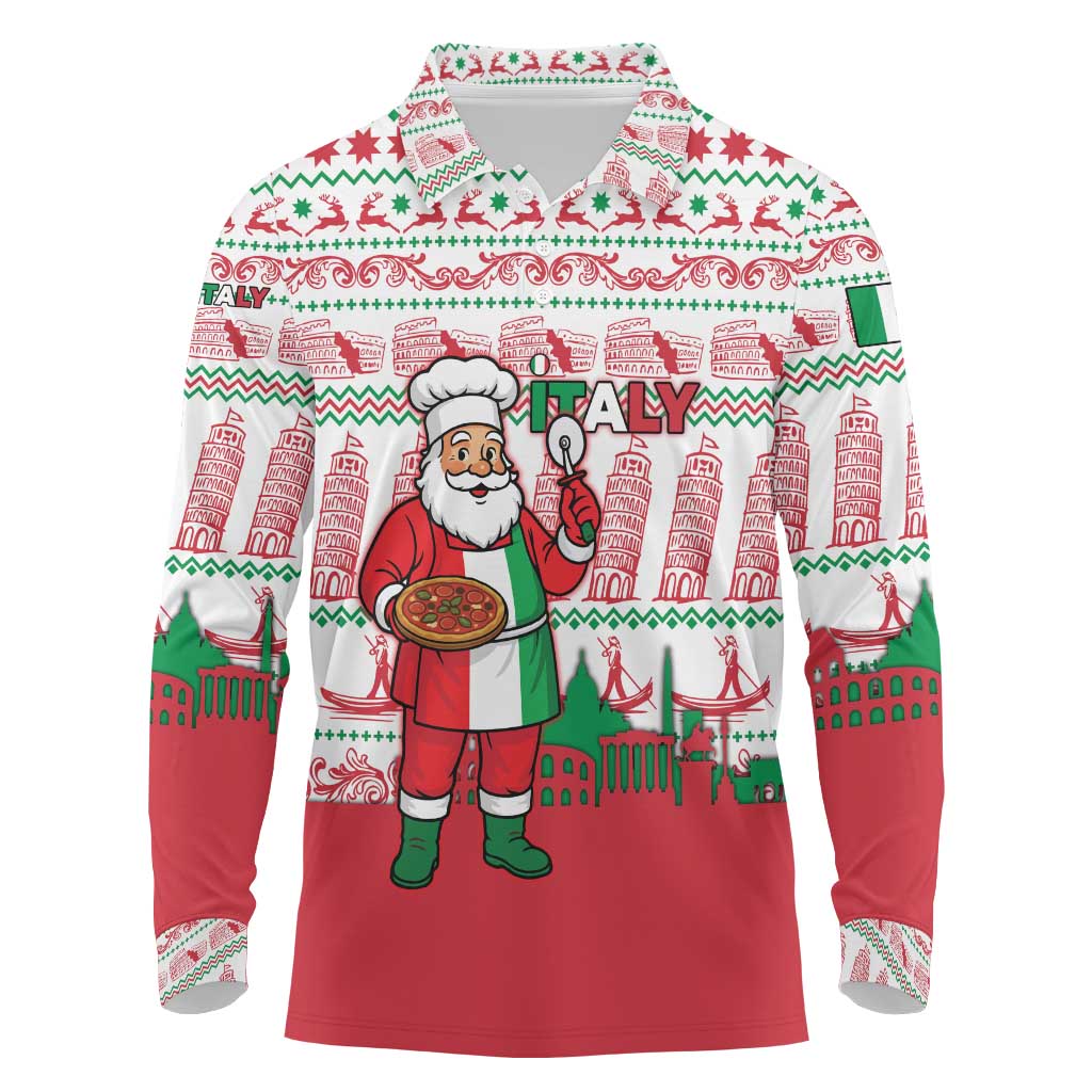 Italy Christmas Long Sleeve Polo Shirt with Pizza Chef Santa Leaning Tower Colosseum and Red Green Holiday Pattern Design - Wonder Print Shop