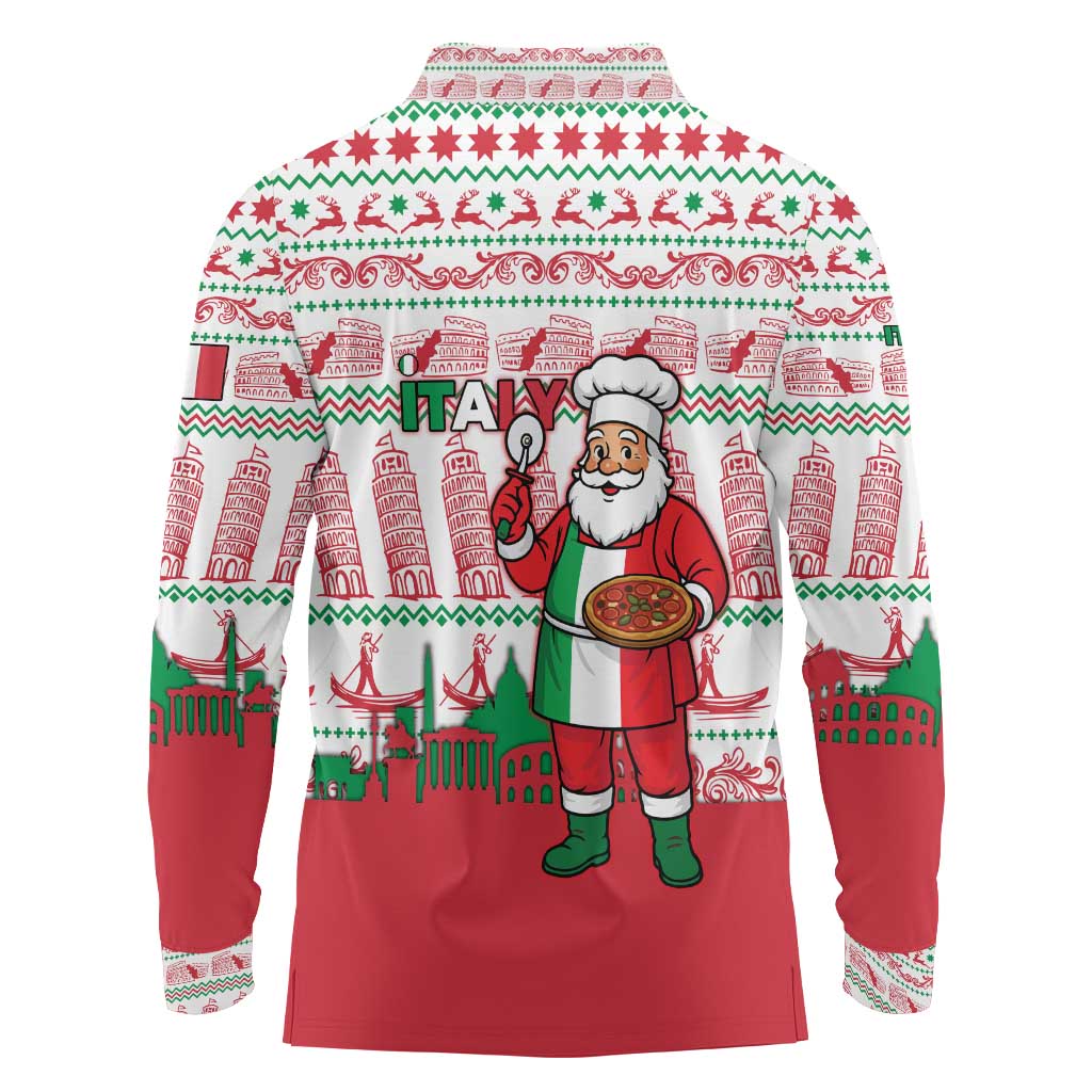 Italy Christmas Long Sleeve Polo Shirt with Pizza Chef Santa Leaning Tower Colosseum and Red Green Holiday Pattern Design - Wonder Print Shop