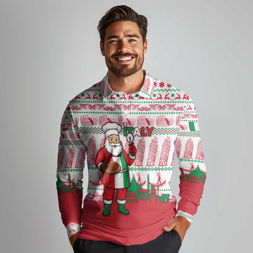 Italy Christmas Long Sleeve Polo Shirt with Pizza Chef Santa Leaning Tower Colosseum and Red Green Holiday Pattern Design - Wonder Print Shop