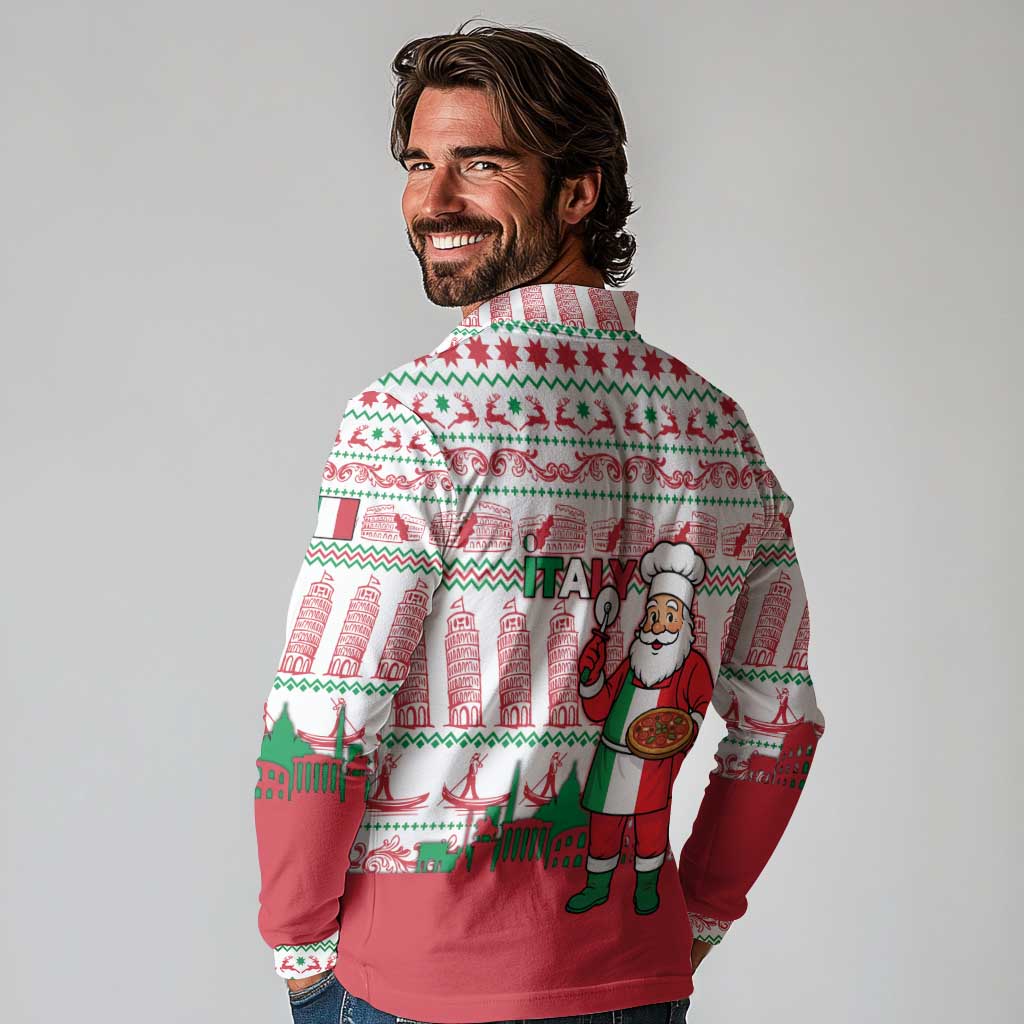 Italy Christmas Long Sleeve Polo Shirt with Pizza Chef Santa Leaning Tower Colosseum and Red Green Holiday Pattern Design - Wonder Print Shop
