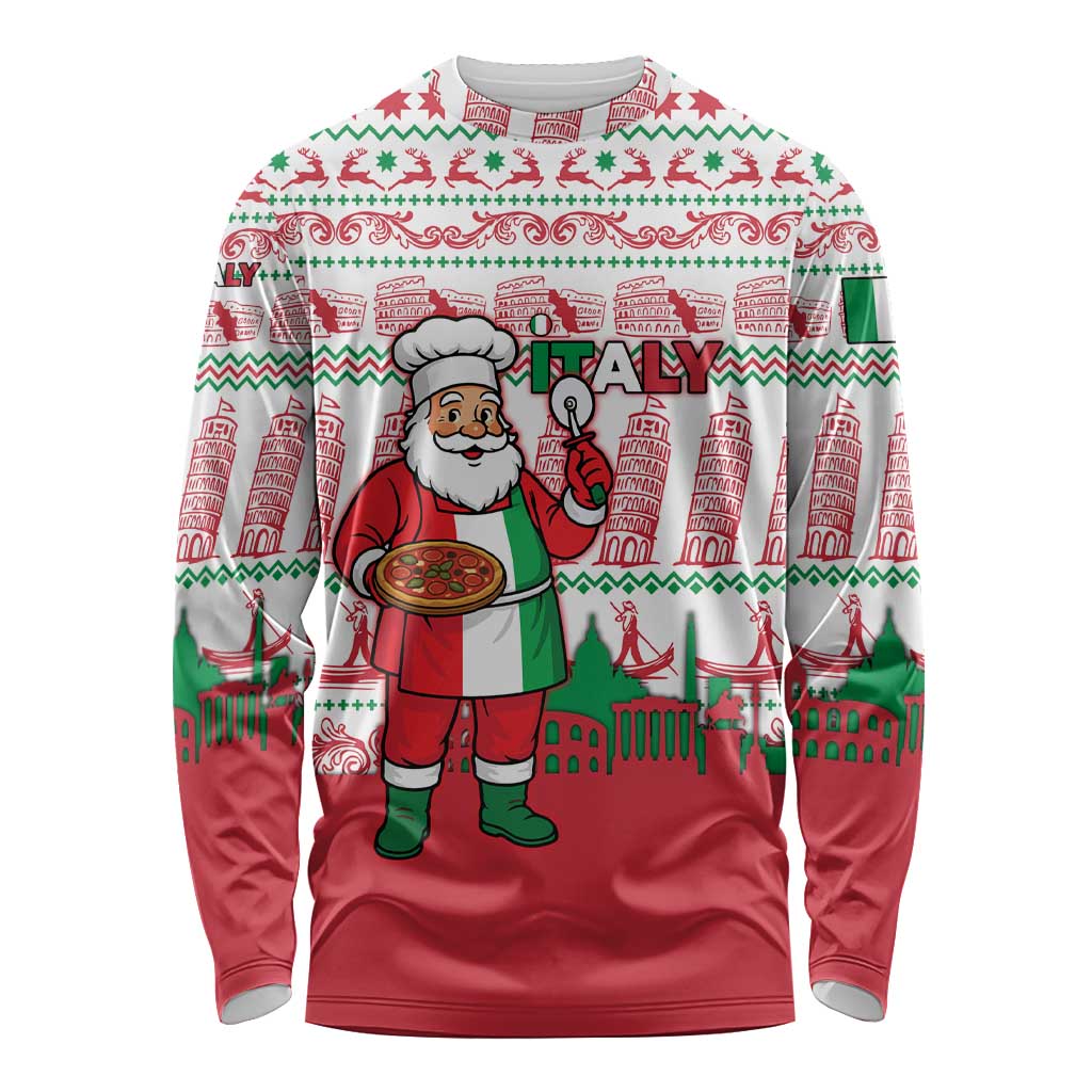 Italy Christmas Long Sleeve Shirt with Pizza Chef Santa Leaning Tower Colosseum and Red Green Holiday Pattern Design - Wonder Print Shop
