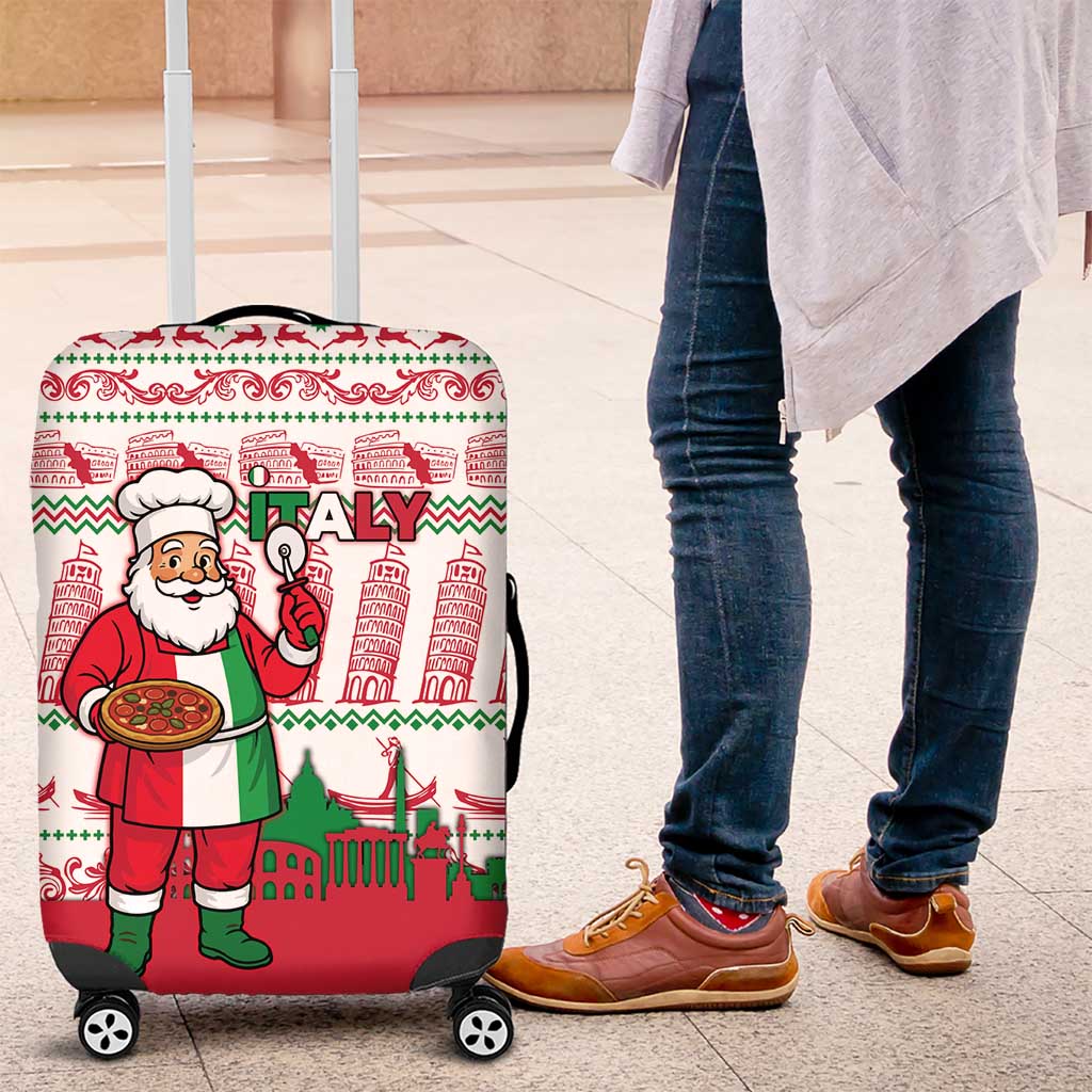 Italy Christmas Luggage Cover with Pizza Chef Santa Leaning Tower Colosseum and Red Green Holiday Pattern Design - Wonder Print Shop
