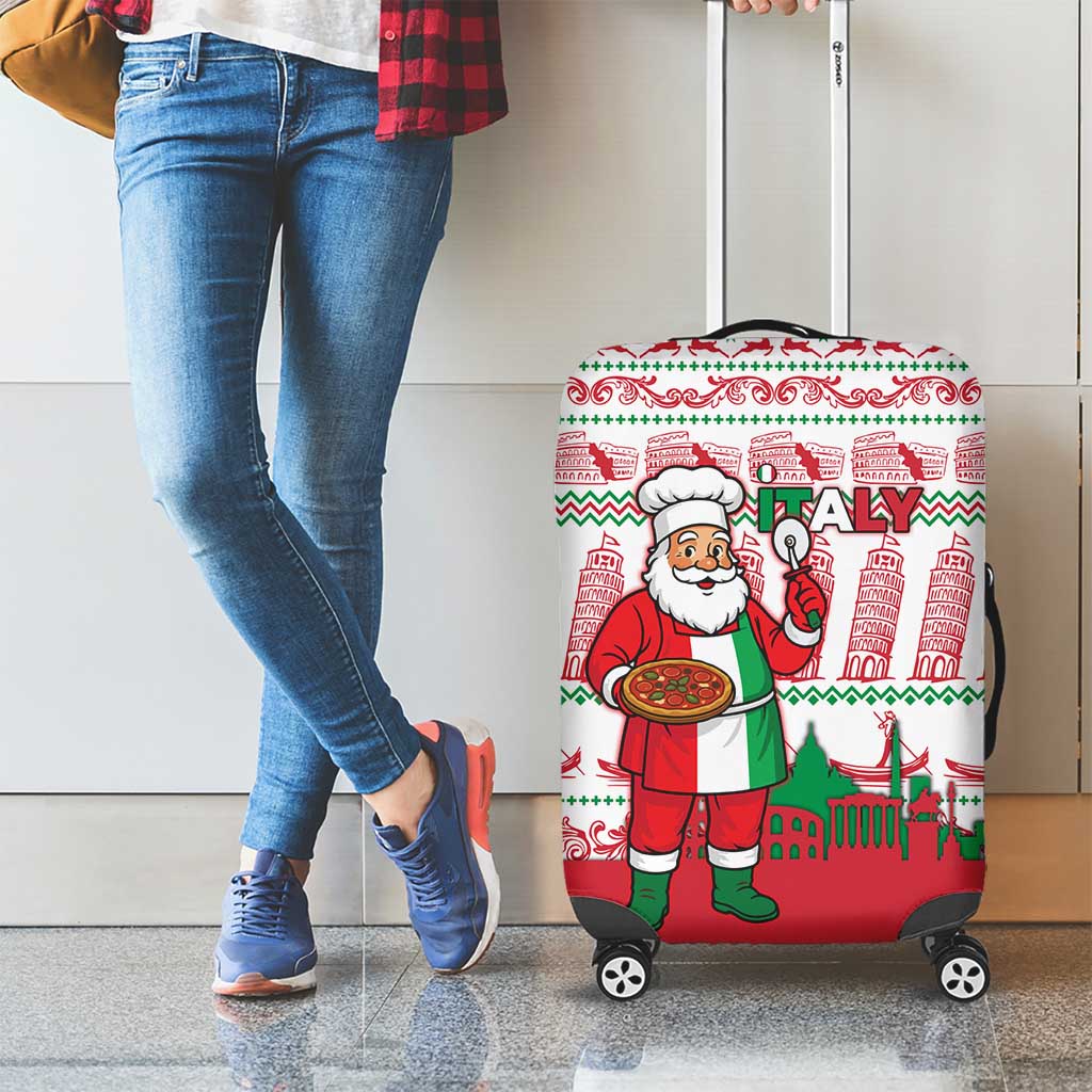 Italy Christmas Luggage Cover with Pizza Chef Santa Leaning Tower Colosseum and Red Green Holiday Pattern Design - Wonder Print Shop