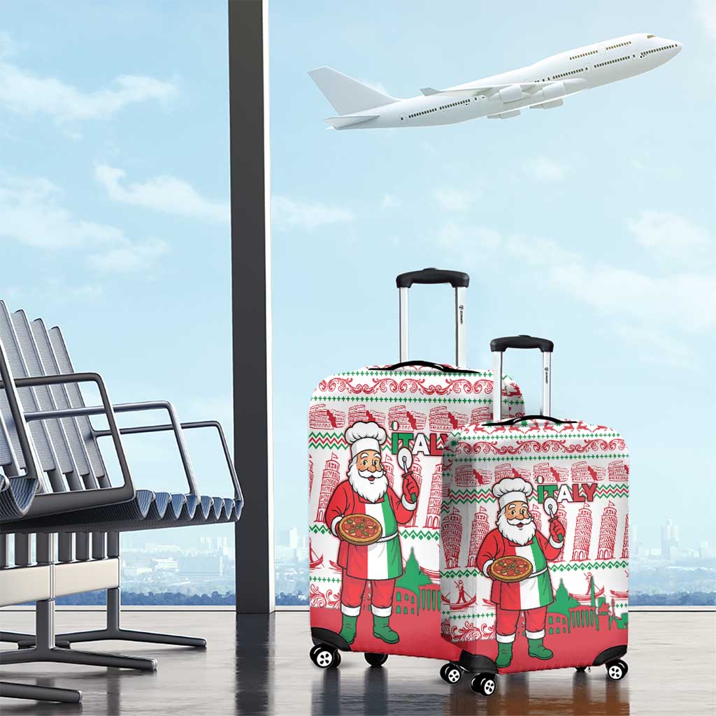 Italy Christmas Luggage Cover with Pizza Chef Santa Leaning Tower Colosseum and Red Green Holiday Pattern Design - Wonder Print Shop