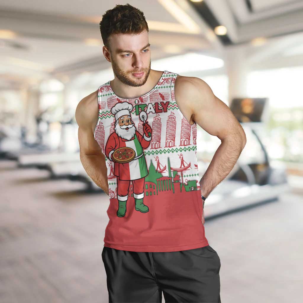 Italy Christmas Men Tank Top with Pizza Chef Santa Leaning Tower Colosseum and Red Green Holiday Pattern Design - Wonder Print Shop