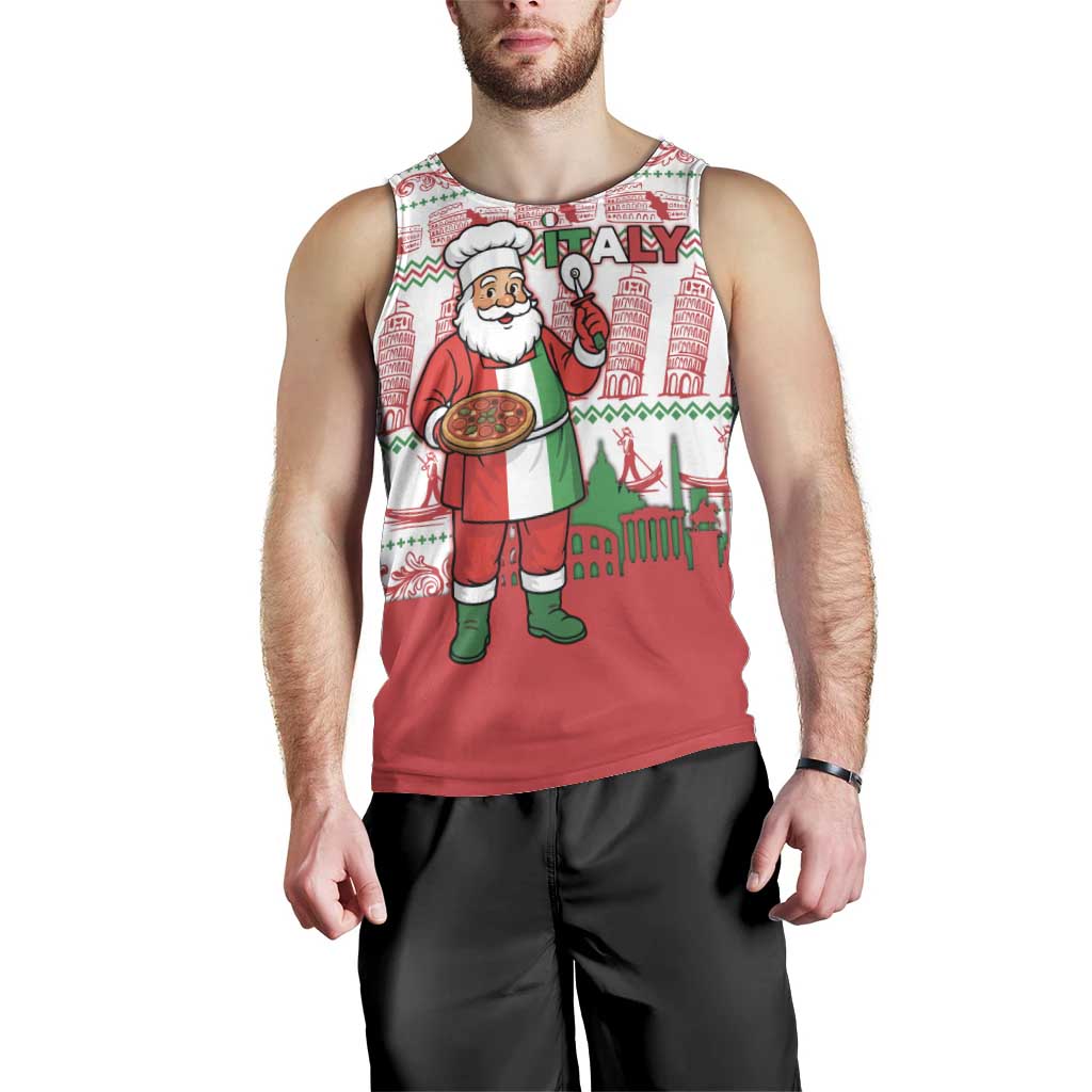 Italy Christmas Men Tank Top with Pizza Chef Santa Leaning Tower Colosseum and Red Green Holiday Pattern Design - Wonder Print Shop