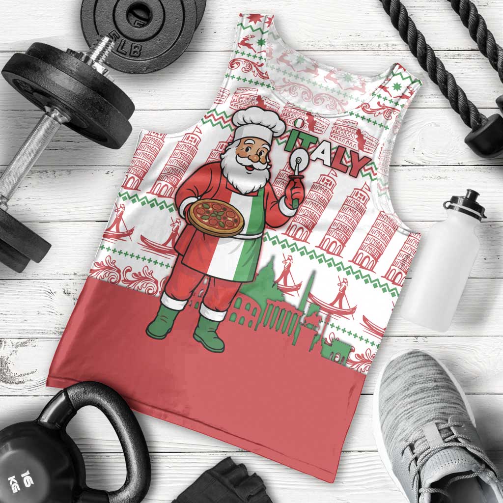 Italy Christmas Men Tank Top with Pizza Chef Santa Leaning Tower Colosseum and Red Green Holiday Pattern Design - Wonder Print Shop