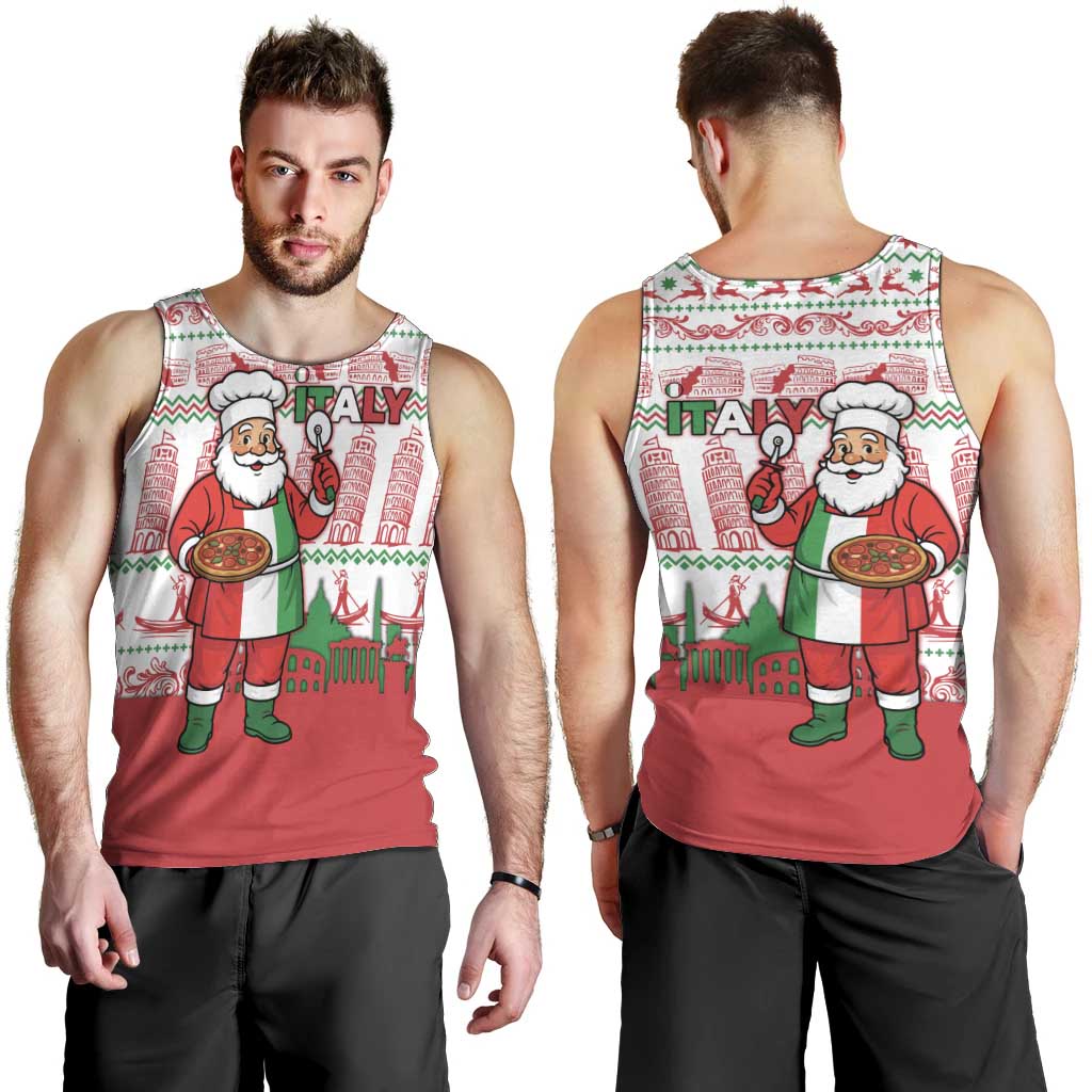 Italy Christmas Men Tank Top with Pizza Chef Santa Leaning Tower Colosseum and Red Green Holiday Pattern Design - Wonder Print Shop