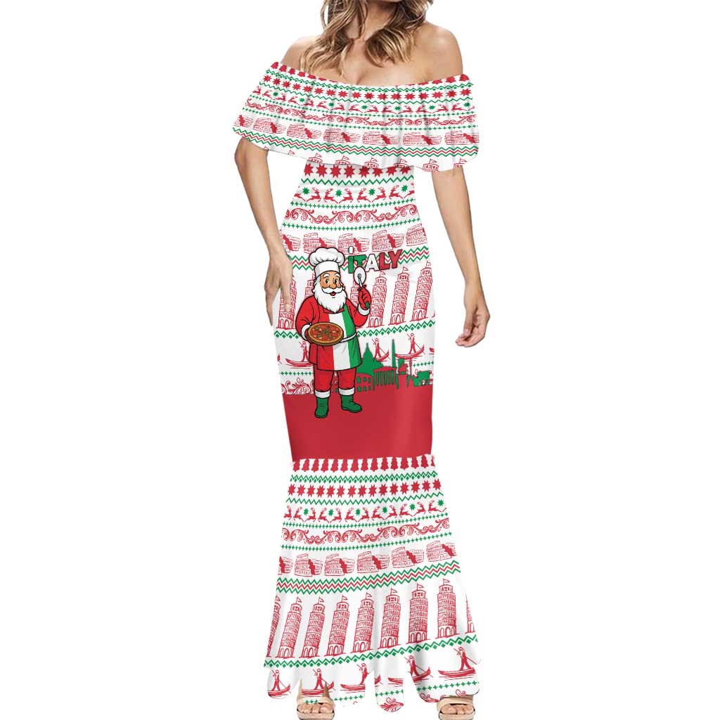 Italy Christmas Mermaid Dress with Pizza Chef Santa Leaning Tower Colosseum and Red Green Holiday Pattern Design - Wonder Print Shop