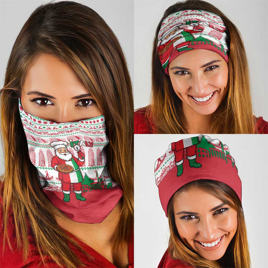 Italy Christmas Neck Gaiter with Pizza Chef Santa Leaning Tower Colosseum and Red Green Holiday Pattern Design - Wonder Print Shop