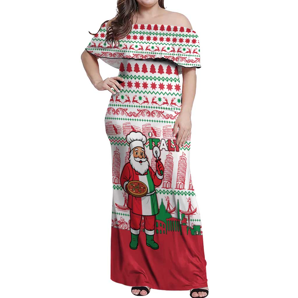 Italy Christmas Off Shoulder Maxi Dress with Pizza Chef Santa Leaning Tower Colosseum and Red Green Holiday Pattern Design - Wonder Print Shop