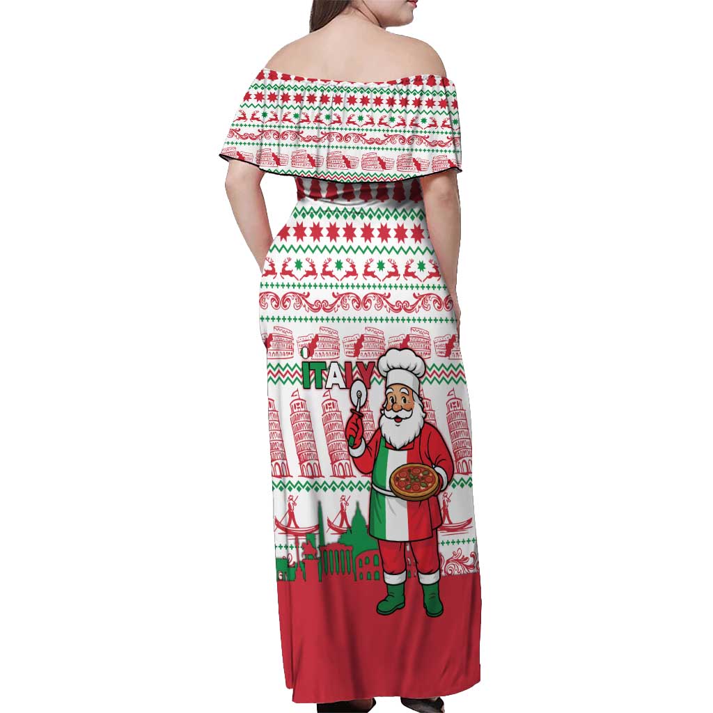 Italy Christmas Off Shoulder Maxi Dress with Pizza Chef Santa Leaning Tower Colosseum and Red Green Holiday Pattern Design - Wonder Print Shop