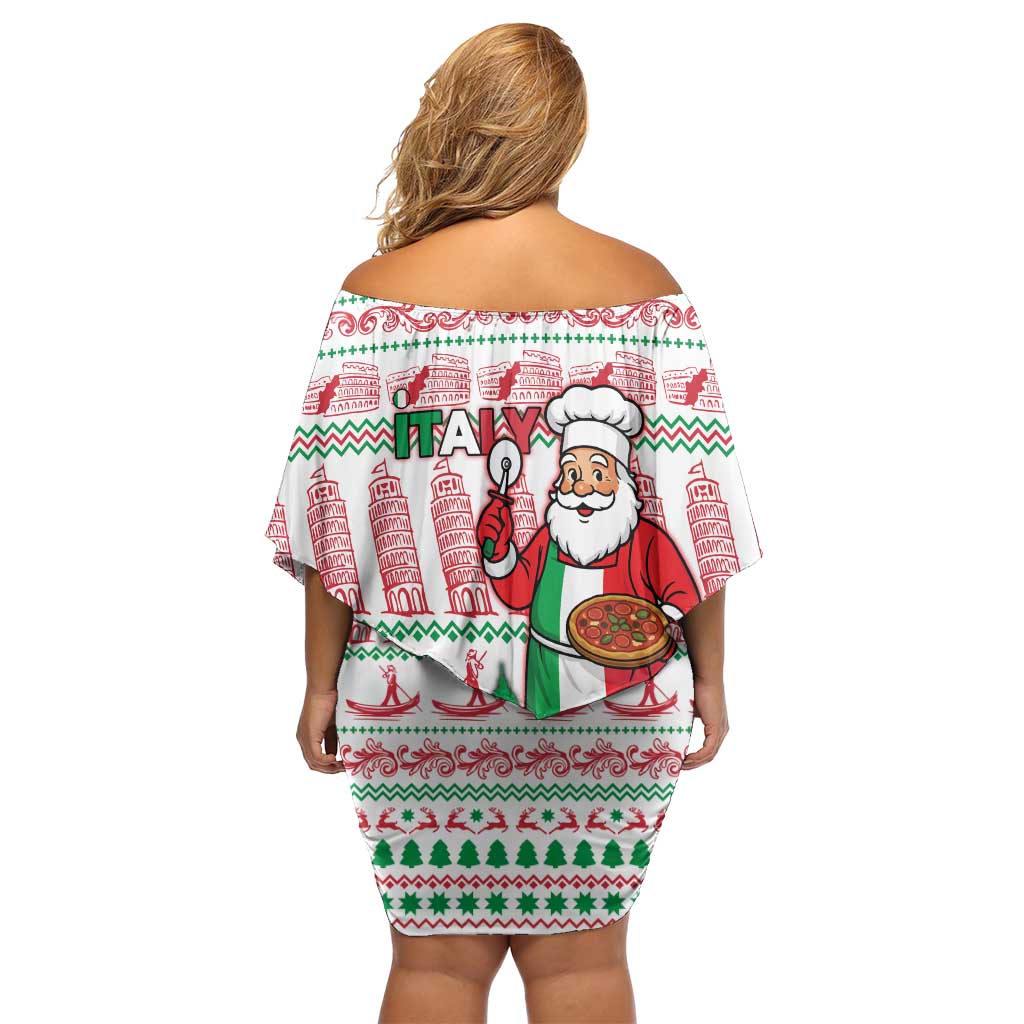 Italy Christmas Off Shoulder Short Dress with Pizza Chef Santa Leaning Tower Colosseum and Red Green Holiday Pattern Design - Wonder Print Shop