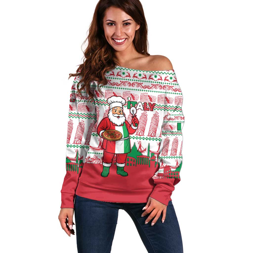 Italy Christmas Off Shoulder Sweater with Pizza Chef Santa Leaning Tower Colosseum and Red Green Holiday Pattern Design - Wonder Print Shop