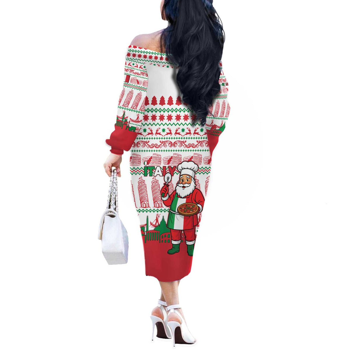 Italy Christmas Off The Shoulder Long Sleeve Dress with Pizza Chef Santa Leaning Tower Colosseum and Red Green Holiday Pattern Design - Wonder Print Shop
