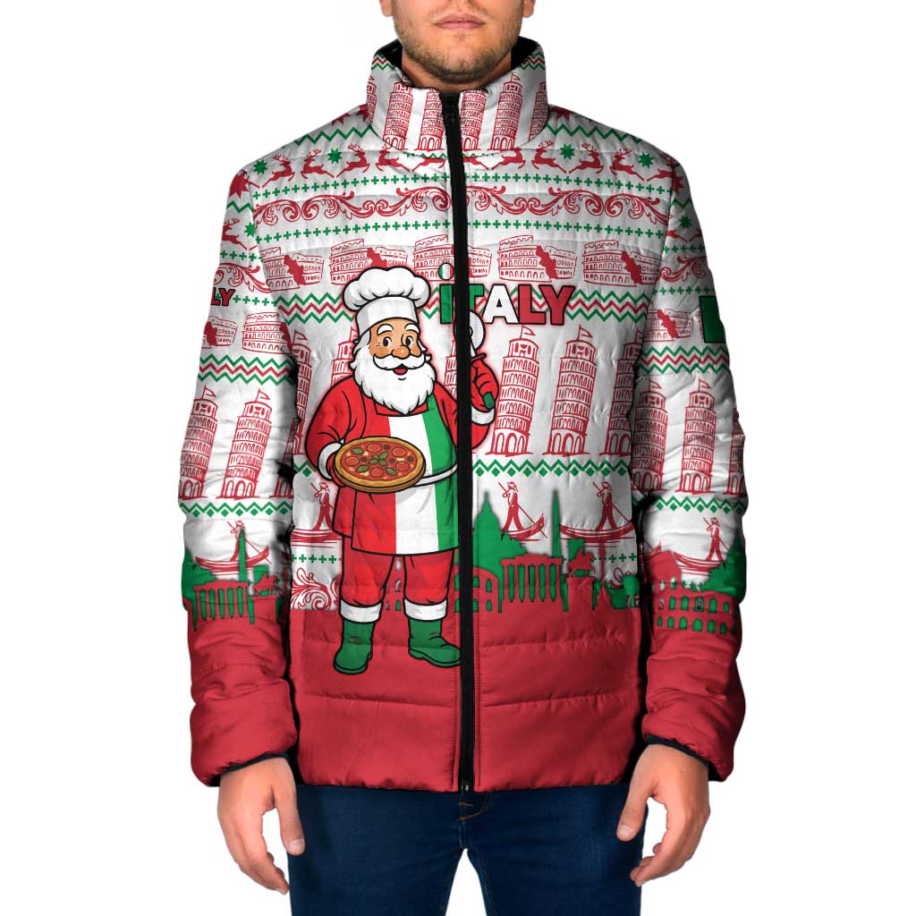 Italy Christmas Padded Jacket with Pizza Chef Santa Leaning Tower Colosseum and Red Green Holiday Pattern Design - Wonder Print Shop