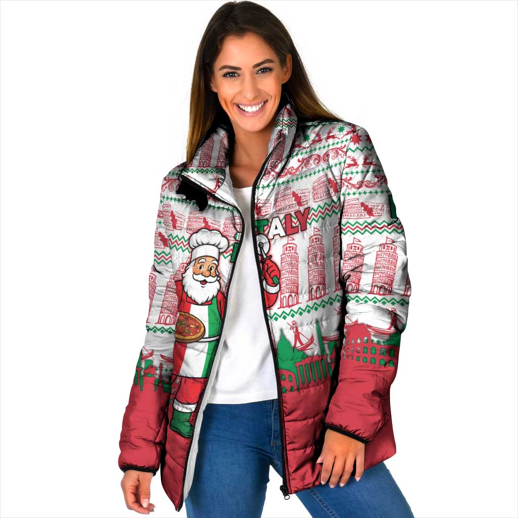 Italy Christmas Padded Jacket with Pizza Chef Santa Leaning Tower Colosseum and Red Green Holiday Pattern Design - Wonder Print Shop