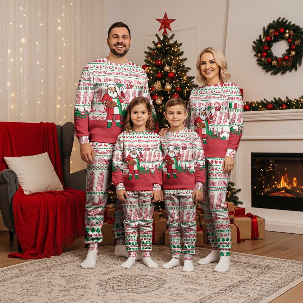 Italy Christmas Pajama Set with Pizza Chef Santa Leaning Tower Colosseum and Red Green Holiday Pattern Design - Wonder Print Shop