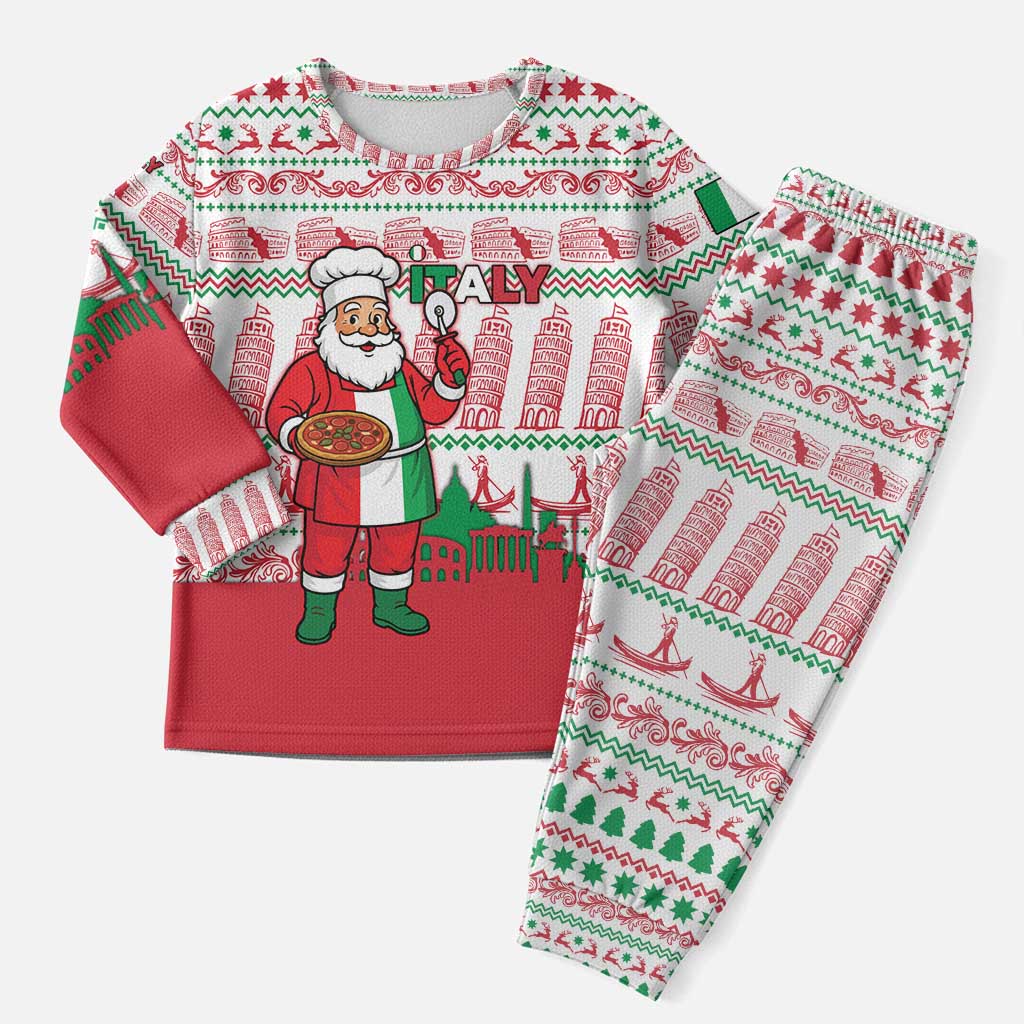 Italy Christmas Pajama Set with Pizza Chef Santa Leaning Tower Colosseum and Red Green Holiday Pattern Design - Wonder Print Shop