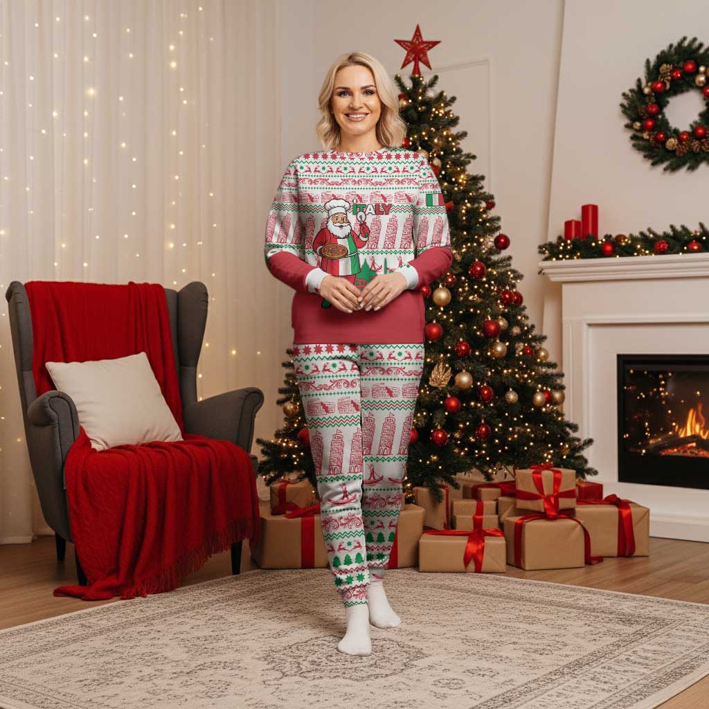 Italy Christmas Pajama Set with Pizza Chef Santa Leaning Tower Colosseum and Red Green Holiday Pattern Design - Wonder Print Shop
