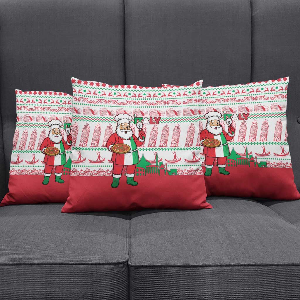Italy Christmas Pillow Cover with Pizza Chef Santa Leaning Tower Colosseum and Red Green Holiday Pattern Design - Wonder Print Shop