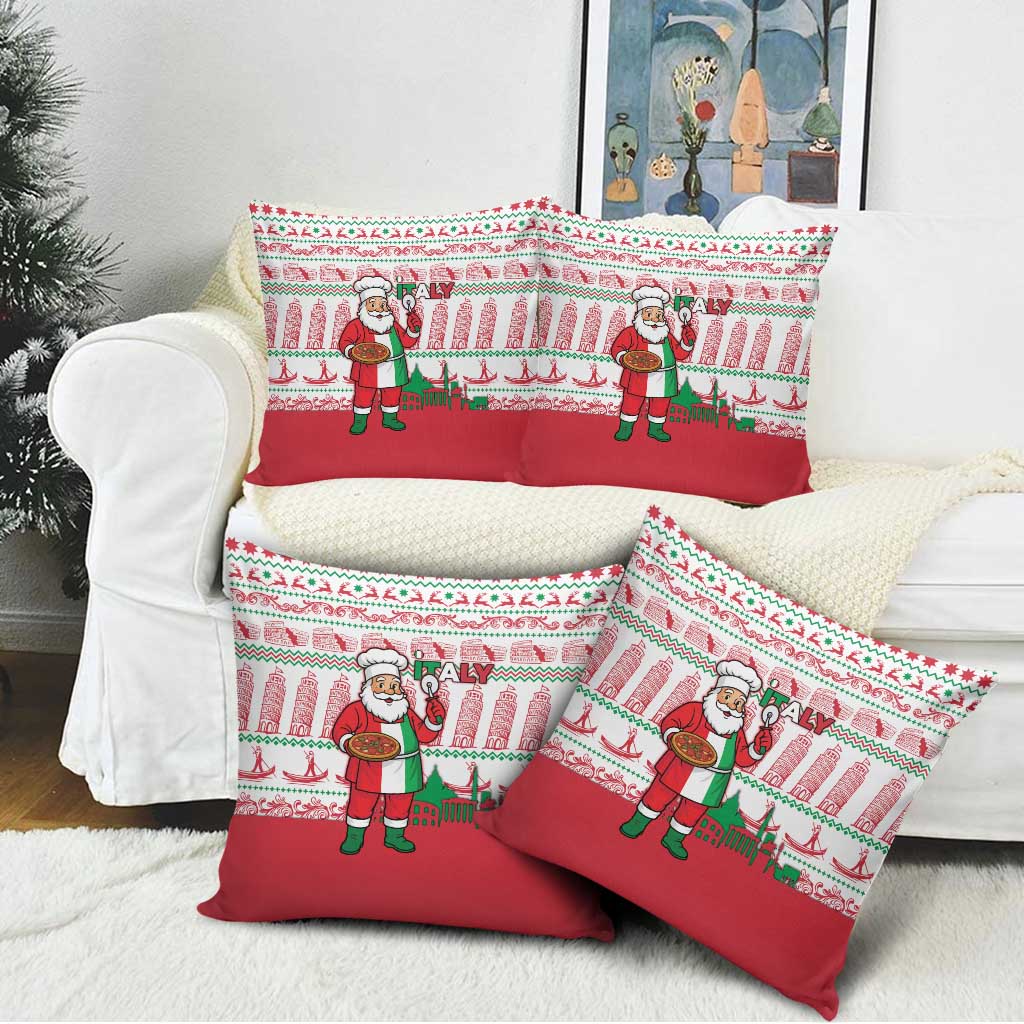 Italy Christmas Pillow Cover with Pizza Chef Santa Leaning Tower Colosseum and Red Green Holiday Pattern Design - Wonder Print Shop