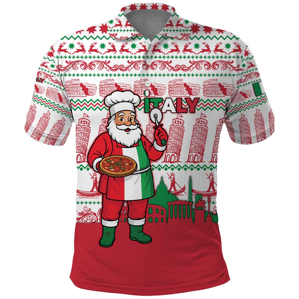 Italy Christmas Polo Shirt with Pizza Chef Santa Leaning Tower Colosseum and Red Green Holiday Pattern Design - Wonder Print Shop