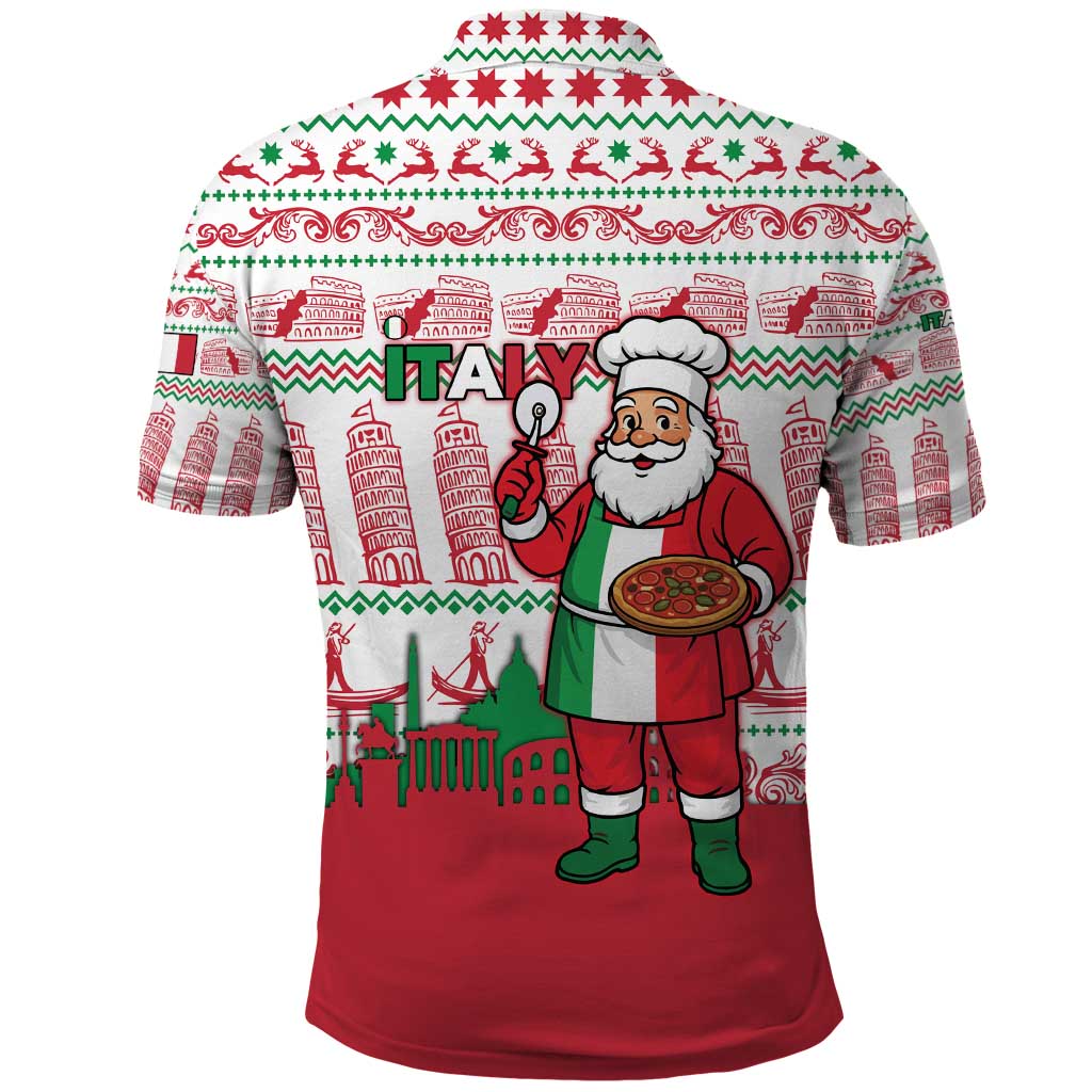 Italy Christmas Polo Shirt with Pizza Chef Santa Leaning Tower Colosseum and Red Green Holiday Pattern Design - Wonder Print Shop