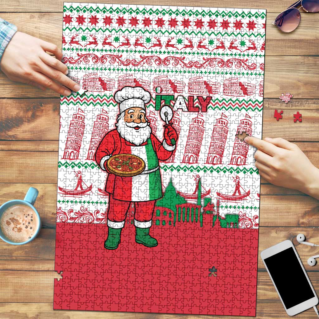 Italy Christmas Puzzle with Pizza Chef Santa Leaning Tower Colosseum and Red Green Holiday Pattern Design - Wonder Print Shop