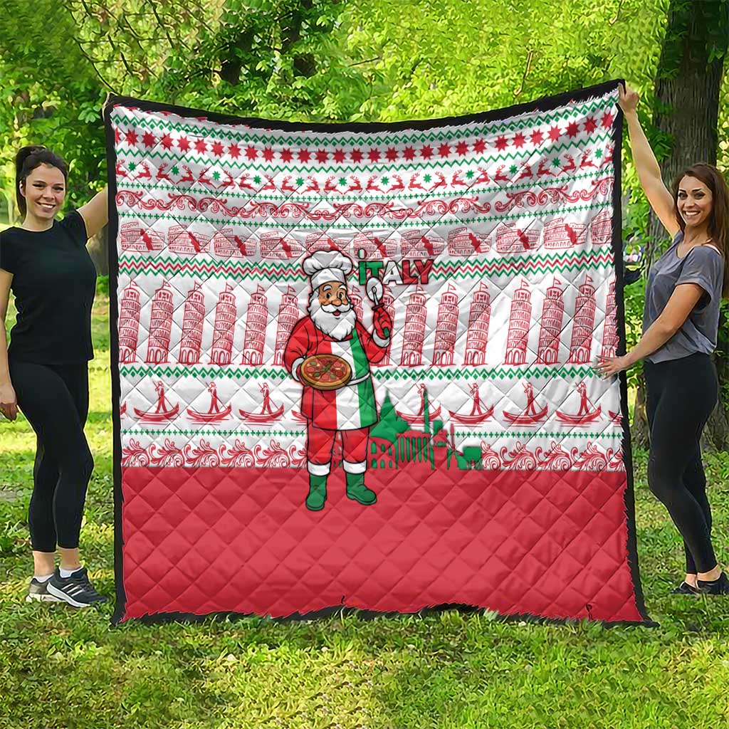 Italy Christmas Quilt with Pizza Chef Santa Leaning Tower Colosseum and Red Green Holiday Pattern Design - Wonder Print Shop