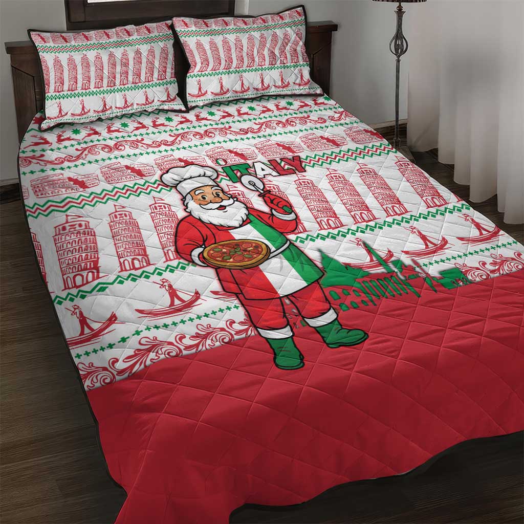 Italy Christmas Quilt Bed Set with Pizza Chef Santa Leaning Tower Colosseum and Red Green Holiday Pattern Design - Wonder Print Shop