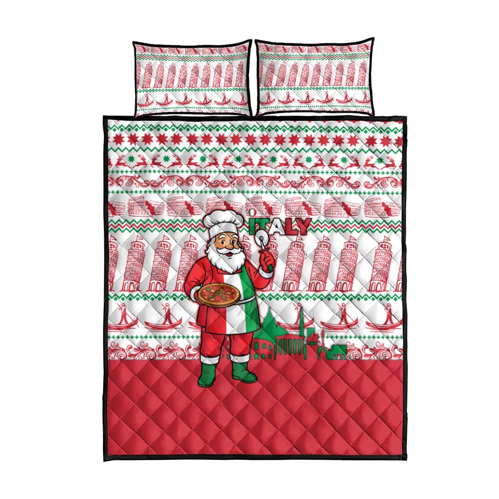 Italy Christmas Quilt Bed Set with Pizza Chef Santa Leaning Tower Colosseum and Red Green Holiday Pattern Design - Wonder Print Shop