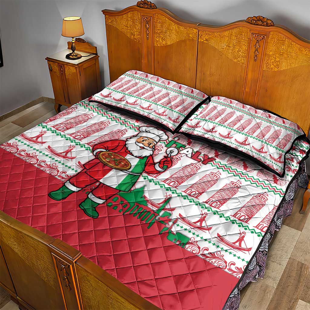 Italy Christmas Quilt Bed Set with Pizza Chef Santa Leaning Tower Colosseum and Red Green Holiday Pattern Design - Wonder Print Shop