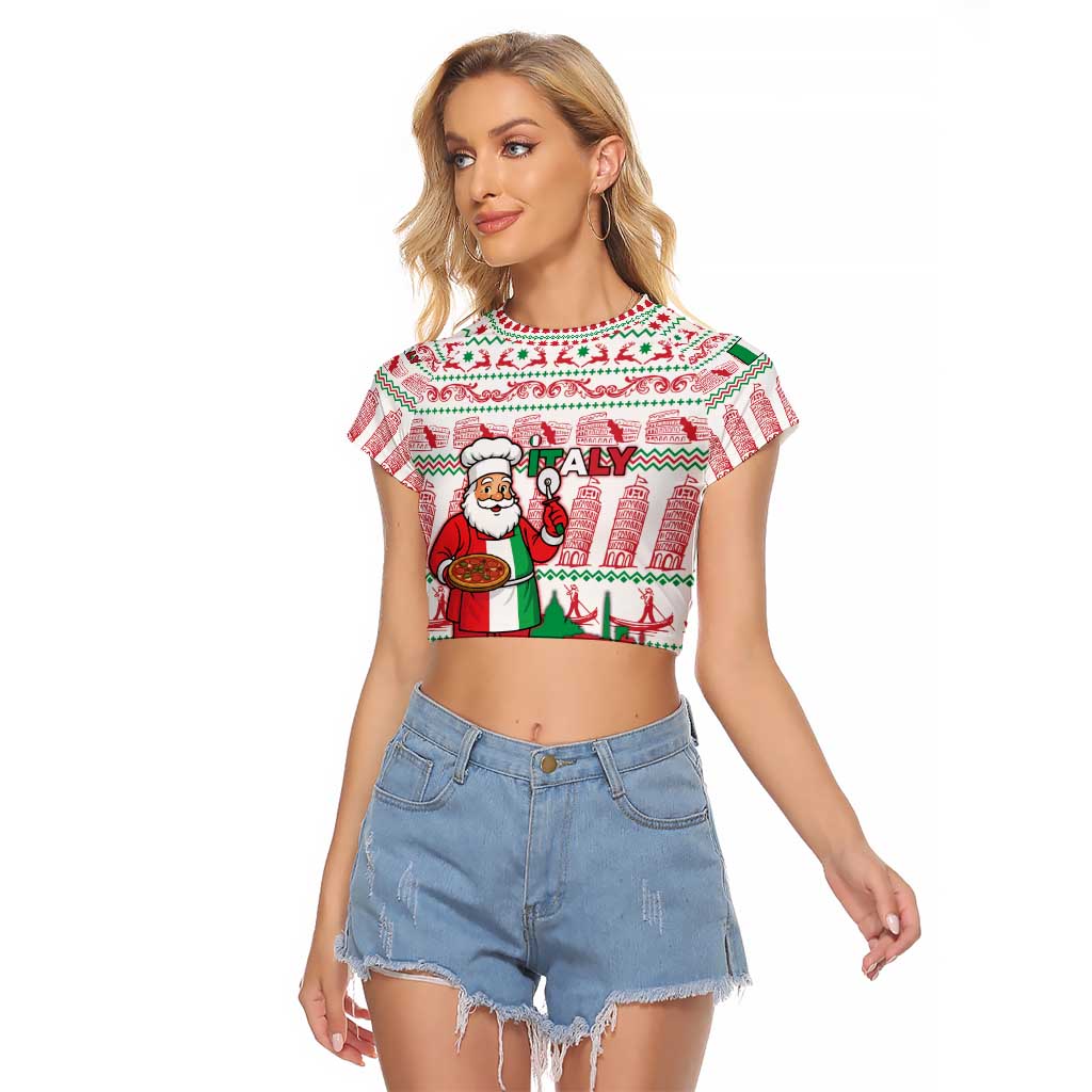 Italy Christmas Raglan Cropped T Shirt with Pizza Chef Santa Leaning Tower Colosseum and Red Green Holiday Pattern Design - Wonder Print Shop